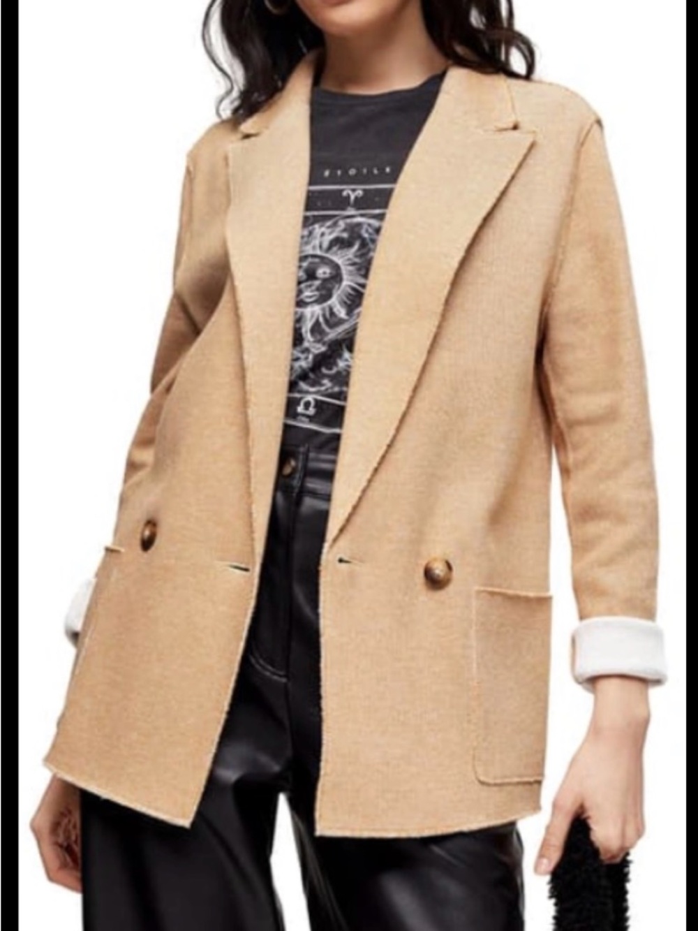 Topshop Women's Tan Straw Raw Edges Double Breasted Career Blazer